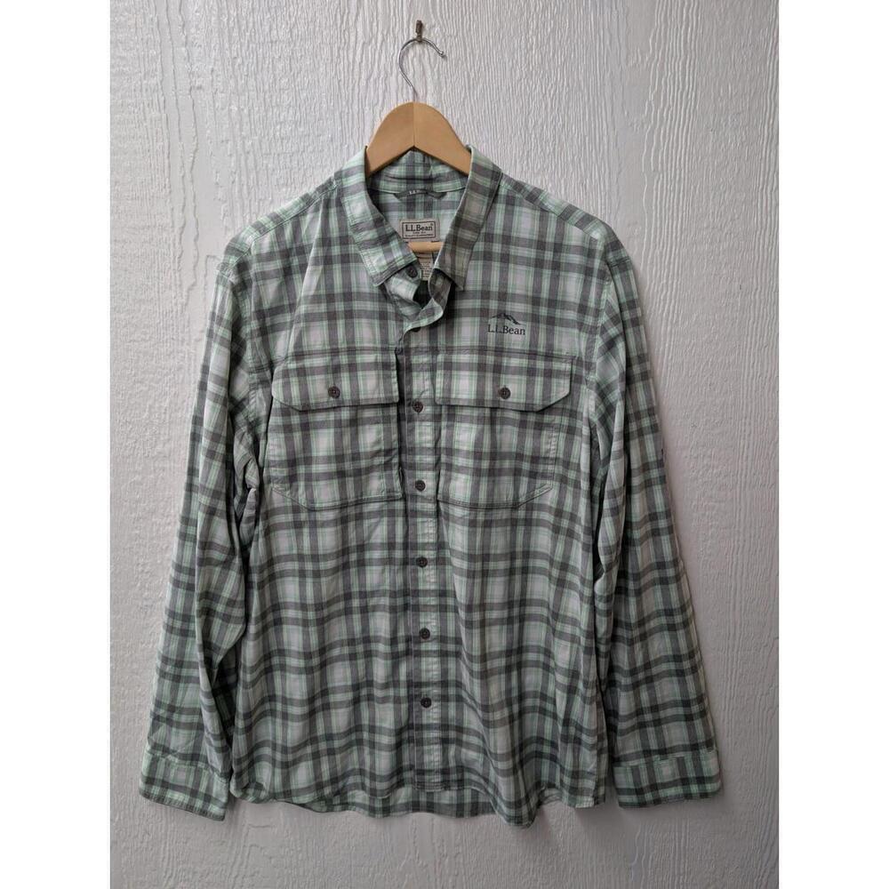 LL‎ Bean Green Plaid Performance Button Up Shirt Top Men's Size Large